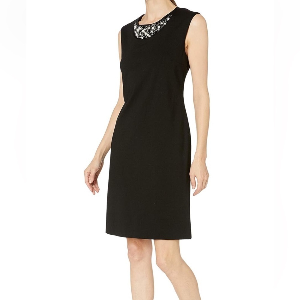 Kasper Rhinestone & Beaded Neckline Sheath Dress LBD Fitted Black Knit Classic